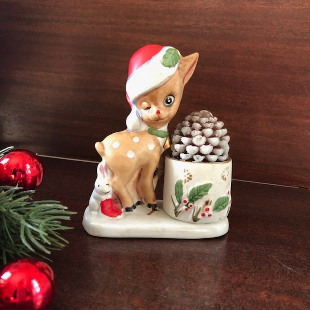 Vintage Christmas Little Reindeer Porcelain Candleholder by Jasco